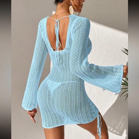 Baby blue crochet ruched tie drawstring side tie back mini cover up dress - Picture 2 of 6